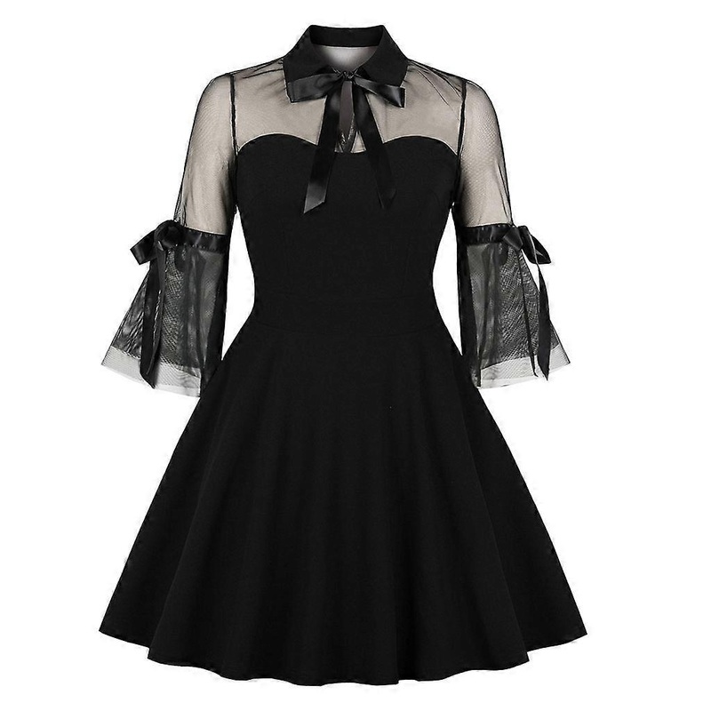Women Gothic Bell Sleeves Black Swing Short Dress Sexy See-Through Mesh Patchwork Vintage Bow Knot Cocktail Clubwear  XL | Fruugo SG
