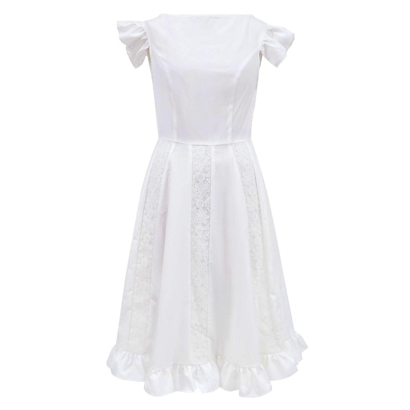 Women Ruffle Short Sleeve O-Neck Midi Long Swing Dress Plain Solid Color Empire High Waist Floral Lace Splicing Gown  White XL | Fruugo SG