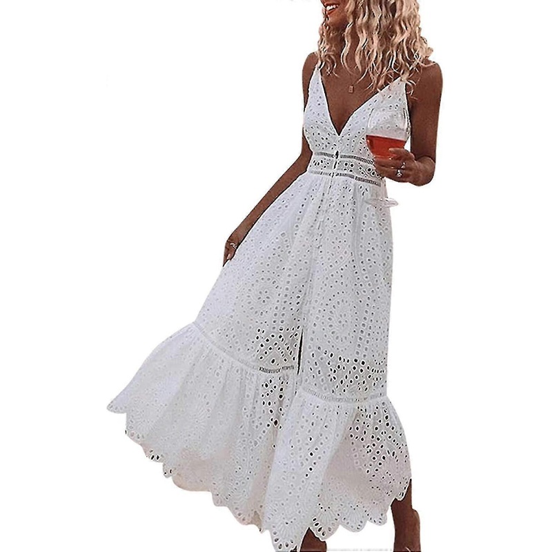 Women’s Embroidery Pearl Button Down Dress V Neck Spaghetti Strap Maxi Dress XL | Fruugo SG