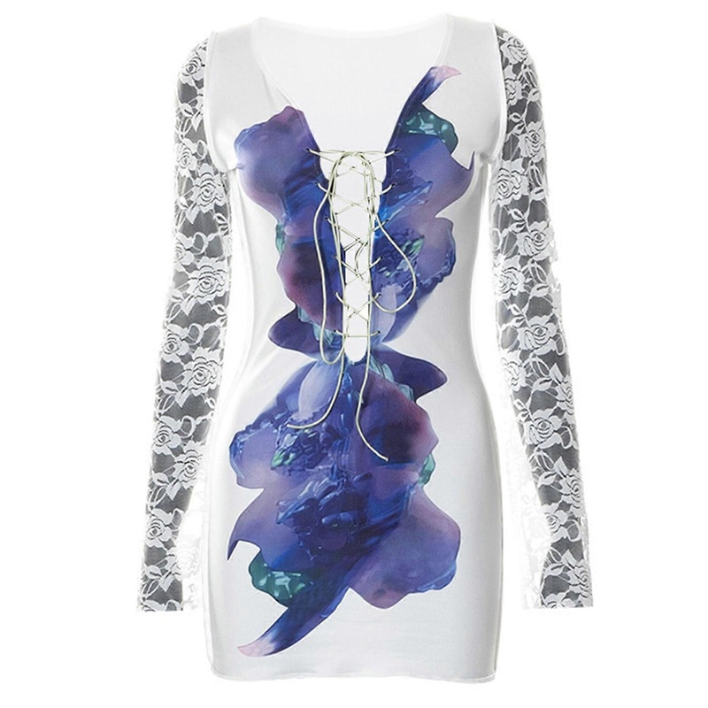 Women’s Mini Bodycon Dress Sexy Lace Up Printed Dress Long Sleeves Dress Slim Patchwork Mesh Dress for Summer Autumn  White S | Fruugo SG