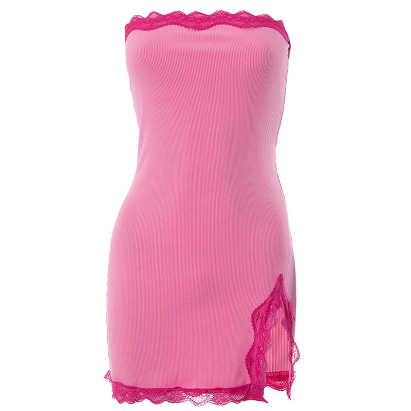 Women’s Sexy Strapless Tube Bodycon Dress Split Hem Mini Pencil Dresses Party Dress Clubwear Y2K Short Lace Dress  Pink S | Fruugo SG