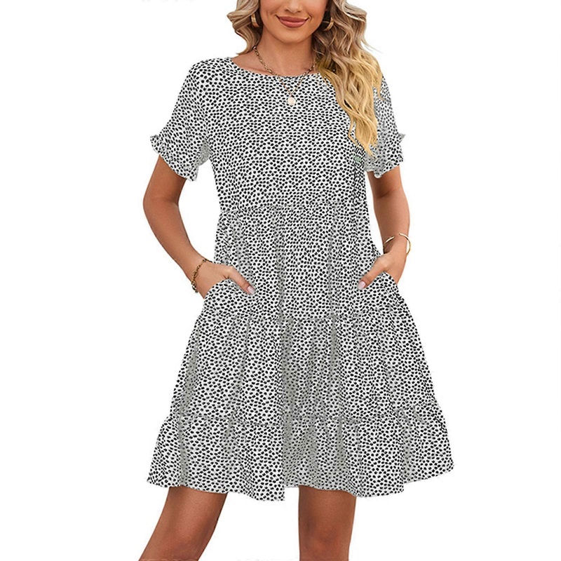 Women’s Short Sleeve Floral Print Casual Summer Dress Round Neck Bohemian Ruffle Flowy Swing Dresses  White XL | Fruugo SG