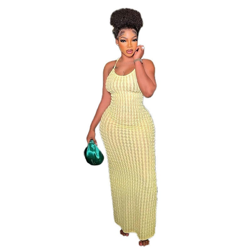 Women Stacked Long Dress Spaghetti Strap Bodycon Dress Bandage Maxi Dress Backless Bodycon Sleeveless Bodycon Wrap  Yellow S | Fruugo SG