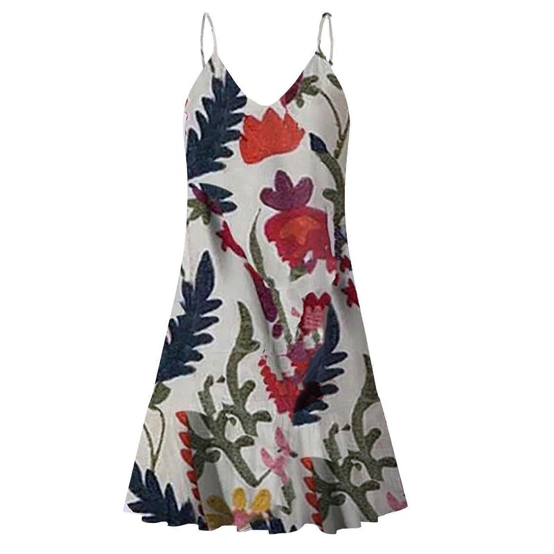 Women Summer Boho Sleeveless Sexy V Neck Backless Mini Swing Dress Vintage Floral Leaves Printed Pleated Ruffle Hem Loose Spaghetti Strap Sundress  | Fruugo SG