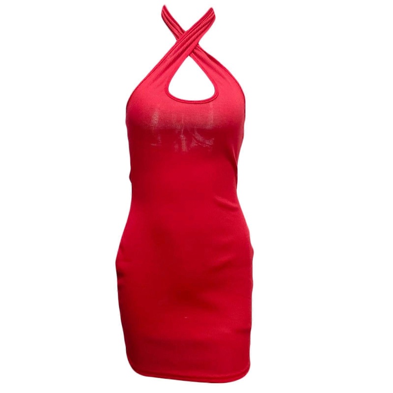 Women Summer Criss for Cross Halter Neck Sleeveless Mini Bodycon Dress Sexy Hollow Out Backless Solid Color Package Hip Ribbed Knit Party Clubwear  | Fruugo SG