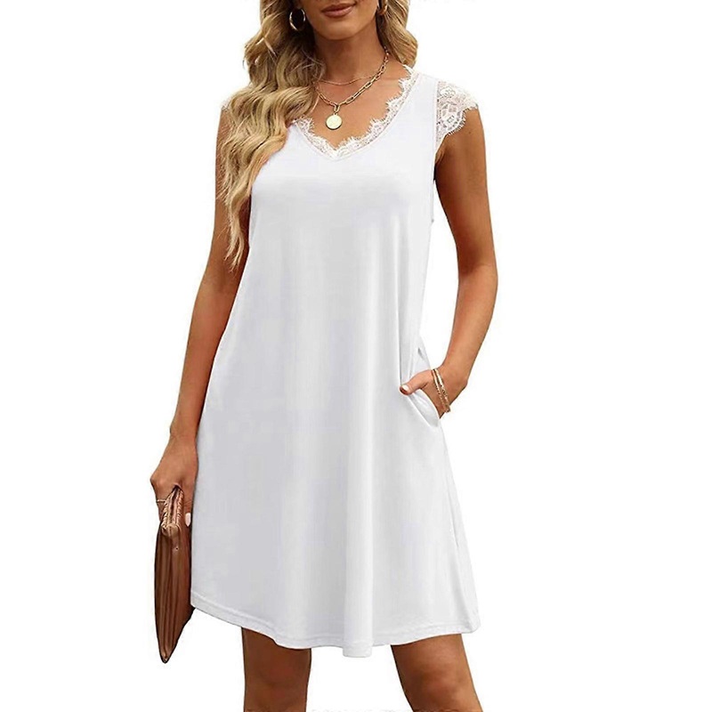 Women Summer Dresses Sleeveless Casual Loose Swing V-neck Midi Dress with Pockets Lace Trims Lady Dress  White XL | Fruugo SG