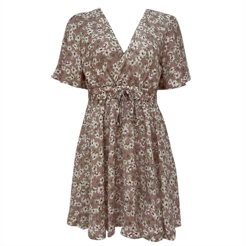 Women Summer Flared Short Sleeve Sexy Wrap V Neck Mini Swing Dress Floral Print Tie Waist Pleated Ruffle Hem A-Line Flowy Chiffon Sundress  Pink XL | Fruugo SG