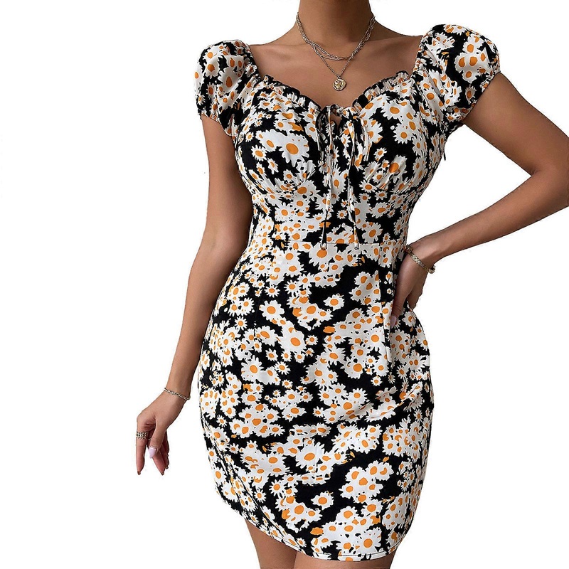 Women Summer Puff Short Sleeve Sexy V-Neck Ruffles Trim Mini Slim Dress Boho Daisy Floral Print Lace-Up Front High Waist Skinny Sundress  S | Fruugo SG