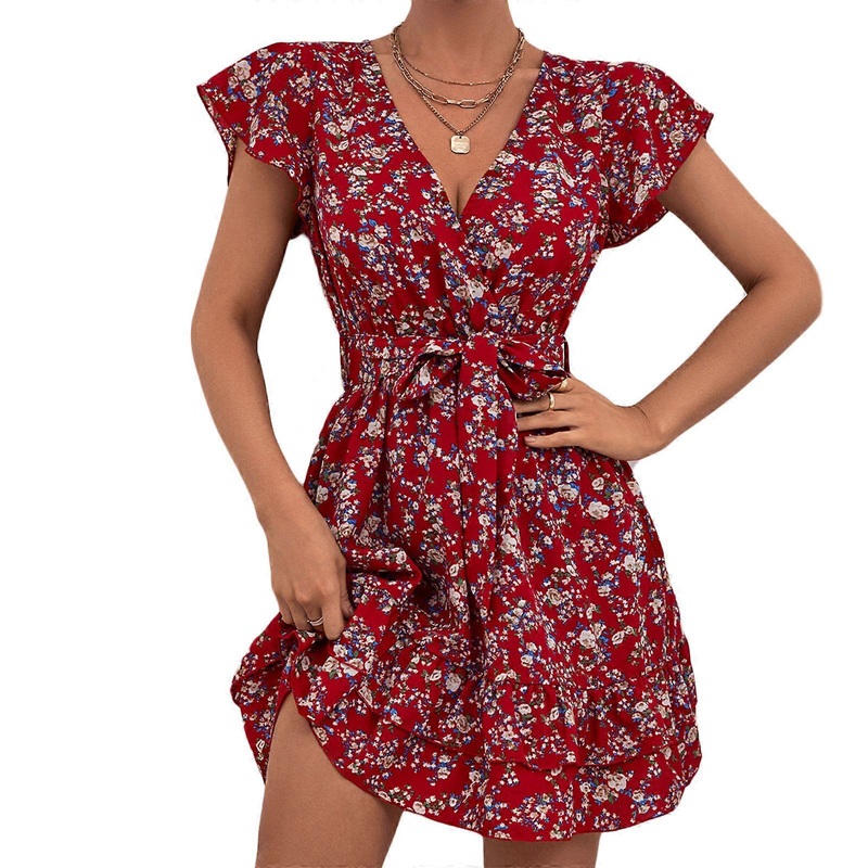 Women Summer Short Sleeve Sexy Wrap Deep V-Neck Mini Swing Dress Boho Floral Print Belted High Waist Tiered Ruffles Hem A-Line Beach Sundress  S | Fruugo SG