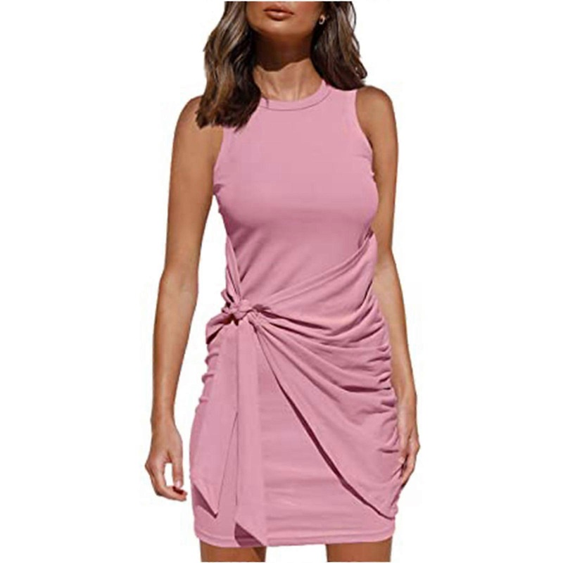 Women Summer Sleeveless O-Neck Bodycon for Tank Top Wrap Mini Dress Simple Plain Solid Color Ruched Tie Waist Streetwear  Pink XL | Fruugo SG