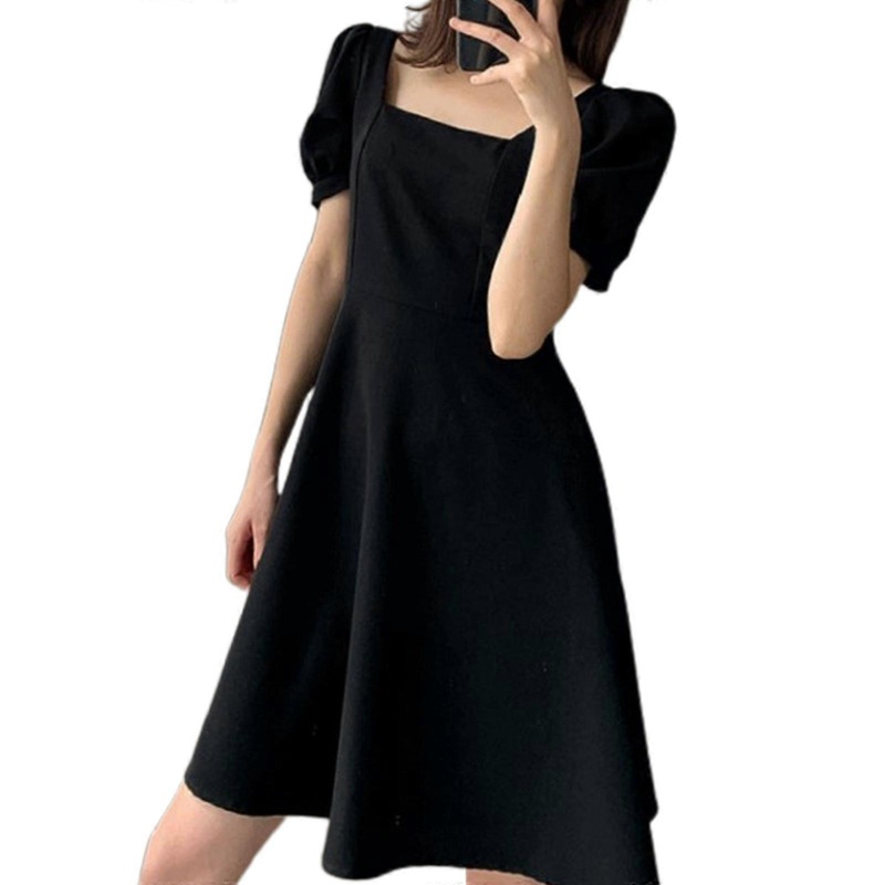 Women Summer Vintage Puff Short Sleeve Square Neck Midi Long Swing Dress Simple Solid Color Empire High Waist A-Line Pleated Flowy Hem Clubwear  XXL | Fruugo SG