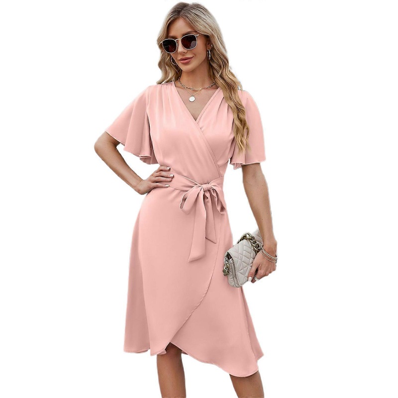 Womens Bell Short Sleeve Dress Deep V Neck Solid Wrap A-Line Swing Midi Dress with Belt  Pink XL | Fruugo SG