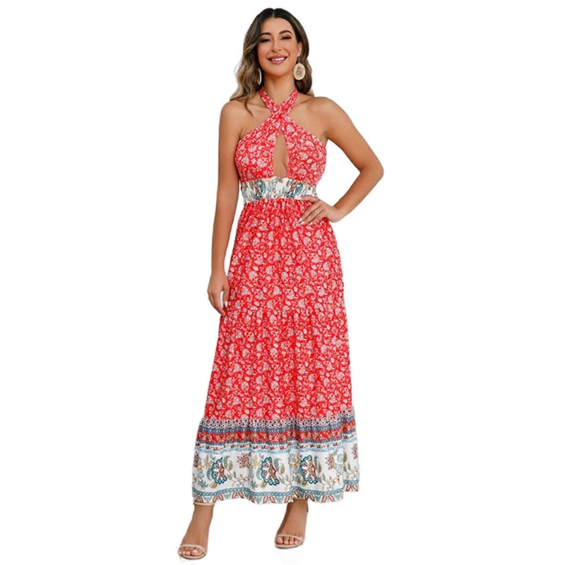 Womens Boho Floral Print Sexy Crisscross Halter Tie Backless Long Dress Smocked High Waist Flowy A-Line Holiday Dresses  Red XL | Fruugo SG