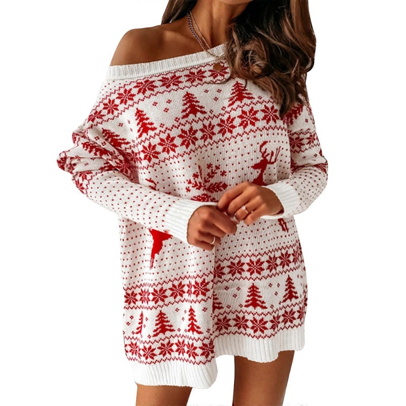 Womens Christmas Sweater Dress Holiday Party Snowflake Jacquard Oversized Long Sleeve Crewneck Pullover Knit Tunic Top  White XL | Fruugo SG