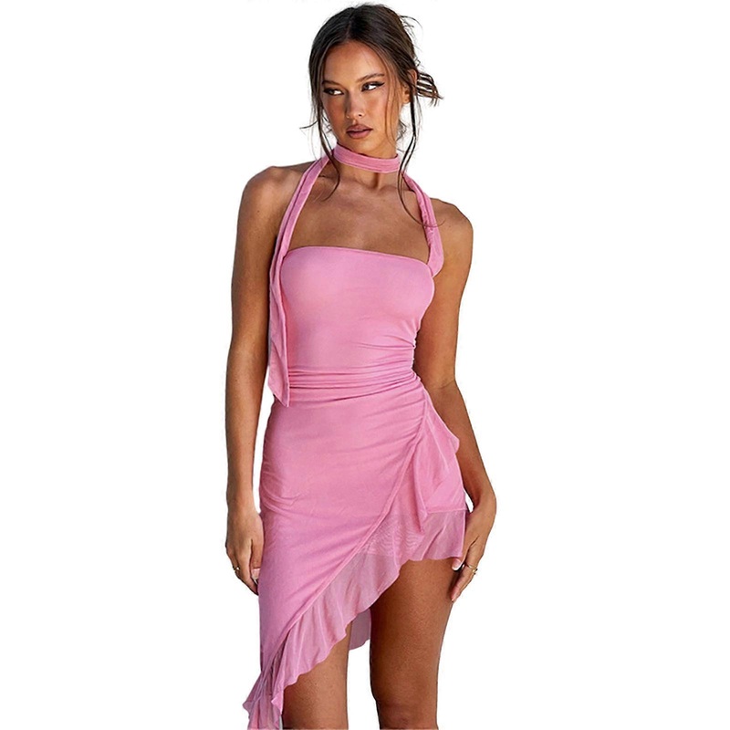 Womens Cute Halter Neck Sleeveless Mini Dress Solid Color Ruffle Pleated Party Night Club Dress Sundress  Pink S | Fruugo SG
