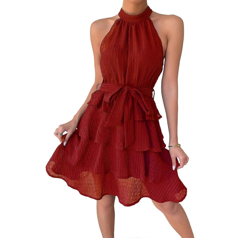 Womens Elegant Sleeveless Halter Neck A-Line Short Dress Solid Color Ruffle Layer Hem Tie Waist Flowy Swing Dresses  Red S | Fruugo SG