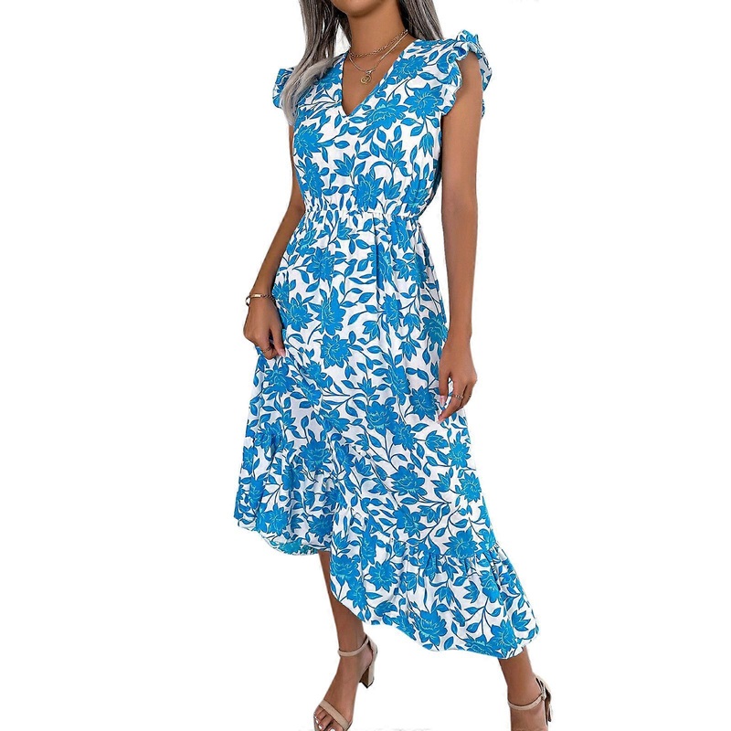 Womens Floral Printed Dress Summer Sleeveless High Elastic Waist Dress V-neck Elegant Lady Dress for Club Party  White XL | Fruugo SG