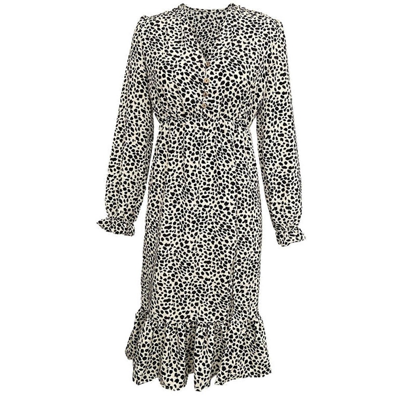 Womens Long Sleeve Button V Neck Leopard Printed Ruffle Midi Dress Elastic Waist Bohemian Side Slit Flowy Long Dress  white leopard XL | Fruugo SG