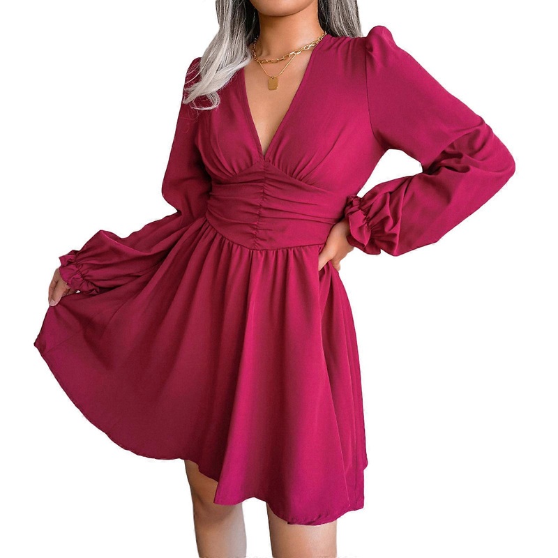 Womens Mini Dress A-Line Tunics Dresses Babydoll Dress High Waist Chiffon Casual Dress Long Sleeves V-Neck Flowy Dress  Burgundy XL | Fruugo SG