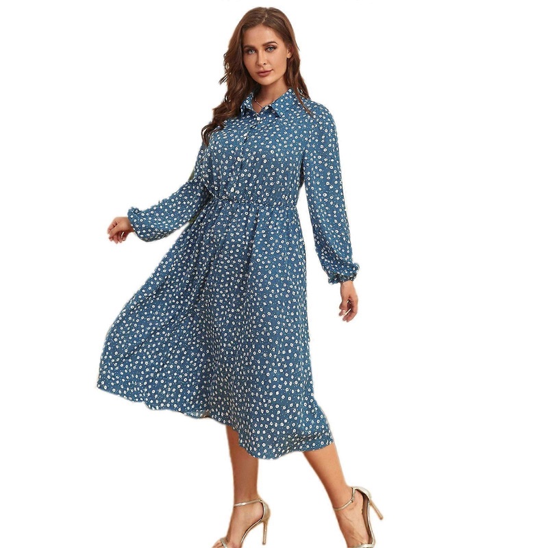 Womens Plus Size Puff Long Sleeve Lapel Buttons Front Midi Swing Dress Vintage Floral Elastic High Waist Casual Sundress  Blue XL | Fruugo SG