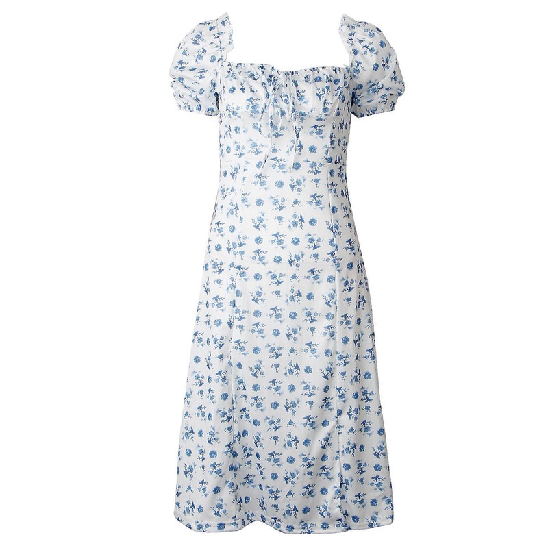 Womens Puff Short Sleeve Floral Midi Dress Square Neck Lace-Up Boho Backless Beach Party Loose Long Summer Sundress  Blue S | Fruugo SG