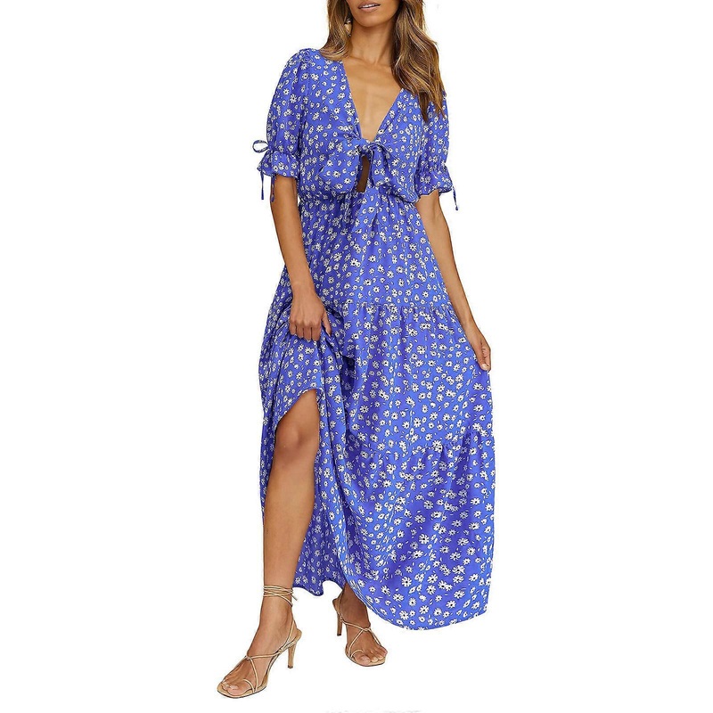 Womens Ruffle Short Sleeve Deep V-Neck Knotted Front Maxi-Long Dress Boho Floral Print Tiered Casual Beach Party Dresses  picture 6 XL | Fruugo SG