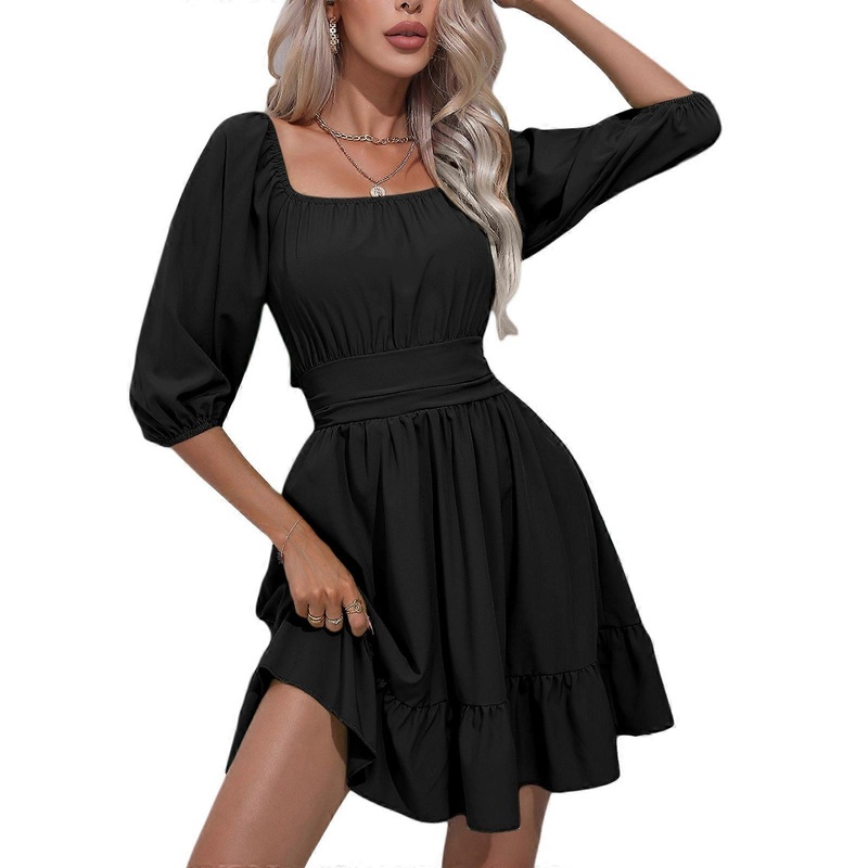 Womens Square Neck Off Shoulder Tie Back Short Lantern Sleeve Ruffle Short Dress Casual Elastic Waist A-Line Mini Dress  Black S | Fruugo SG