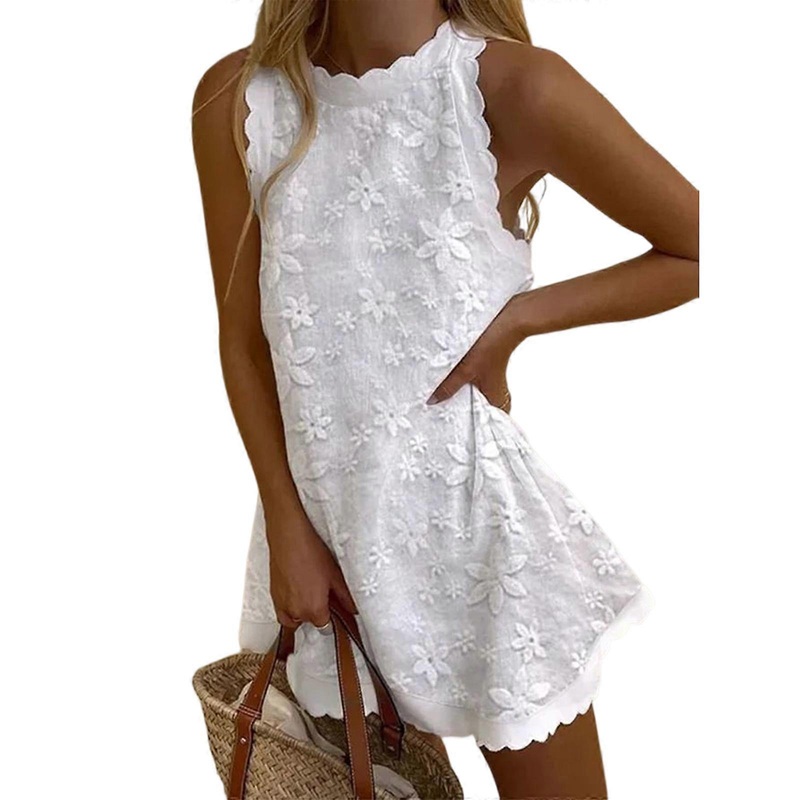 Womens Summer Casual Sleeveless Floral Cotton Linen Tank Dress Scalloped Trim Solid Color Back Zipper Loose A-Line Dress  White XL | Fruugo SG