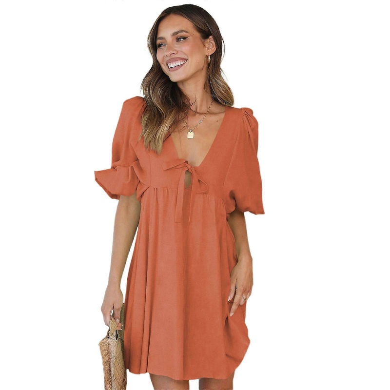 Womens Summer Linen V Neck Babydoll Dress Puff Short Sleeve A-Line Casual Mini Dresses A-Line Flowy Short Beaches Dress  Red XL | Fruugo SG