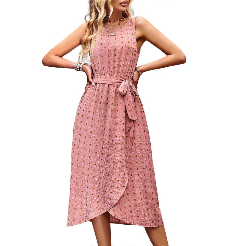 Womens Summer Sleeveless Round Neck Split Front Midi Tank Dress Swiss-Dot Belted A-Line Swing Long Dresses with Pockets  orange XL | Fruugo SG