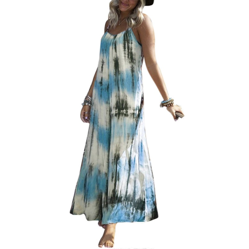 Womens Summer Spaghetti Strap Sexy V-Neck Backless Maxi-Long Dress Boho Tie-Dye Print A-Line Loose Swing Holiday Dresses  Sky Blue XL | Fruugo SG