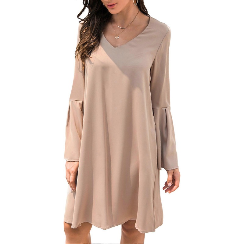 Bell Sleeve Dress V Neck Bell Long Sleeves Simple Stylish Comfortable Loose Casual Dress for Daily Life Khaki XL_-sy_-sy | Fruugo SG
