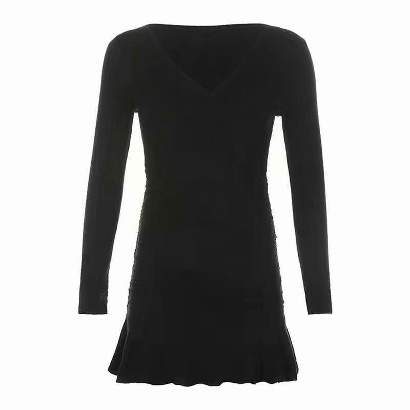 Bodycon Dress Long Sleeved V Neck Pleated Fashionable Elegant Women Bodycon Dress for Spring Autumn Black S_-sy_-sy | Fruugo SG