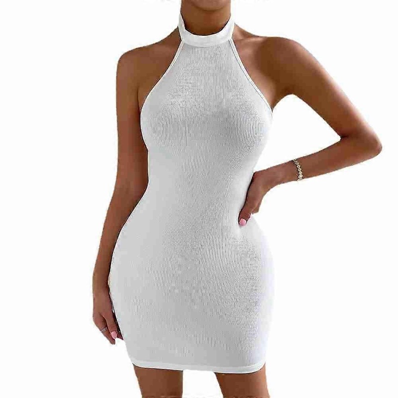 Bodycon Short Dress Pure Color Halter Neck Slim Fit Backless Sleeveless Women Bodycon Dress White S_-sy_-sy | Fruugo SG