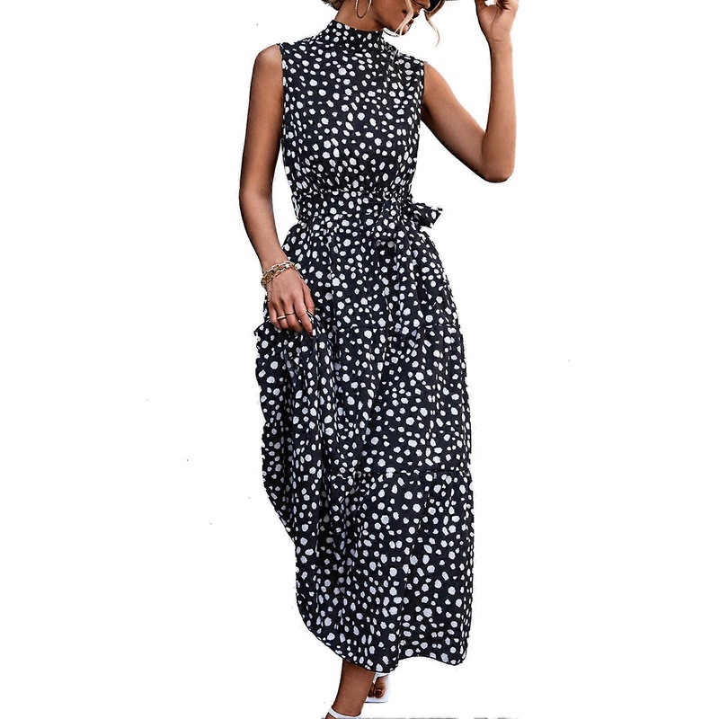 Dot Print Dress Belted Sleeveless Stand Collar Midi Length High Waist Women Summer Dress Black M_-sy_-sy | Fruugo SG
