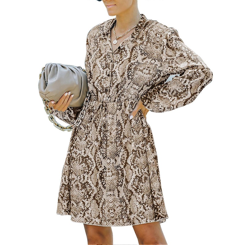 Dress Chiffon High Waist Button Stand Collar Long Sleeve Print Fashionable Dress for Women Coffee S_-sy_-sy | Fruugo SG