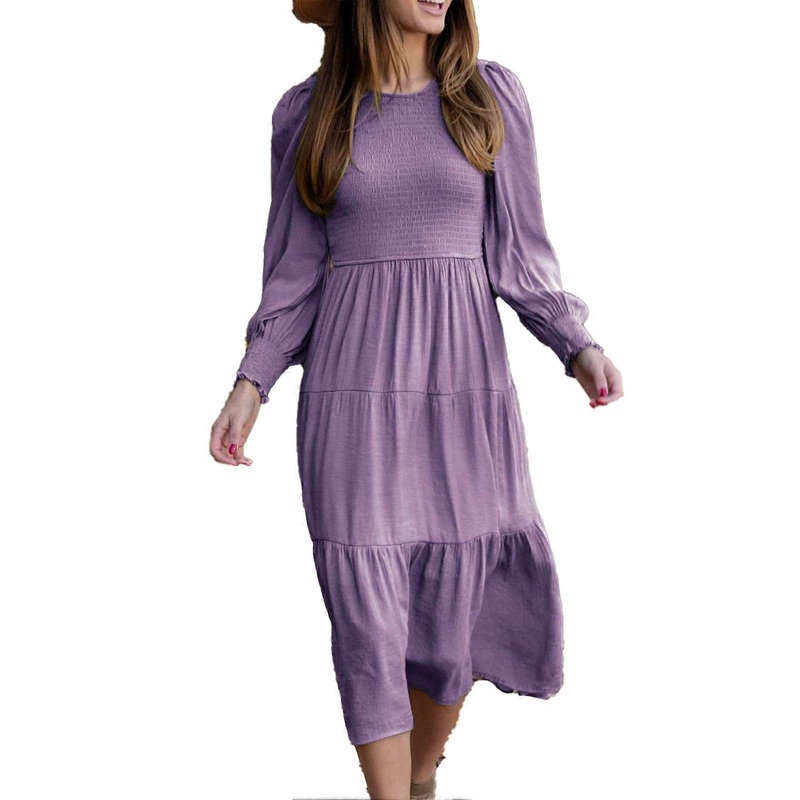 Dress Shirred Bust Cuff Plain Lantern Sleeves Stylish Comfortable Mid Length Women Dress Purple L_-sy_-sy | Fruugo SG