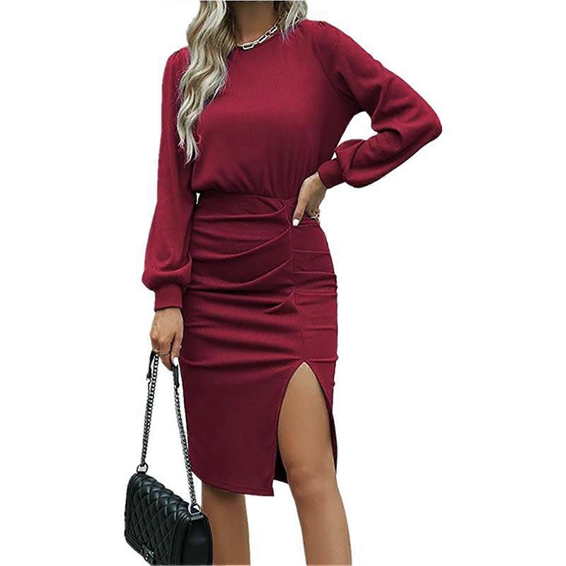 Dress Solid Color Waist Tightening Side Split Lantern Sleeves Casual Comfortable Breathable Women Dress Wine Red XXL_-sy_-sy | Fruugo SG
