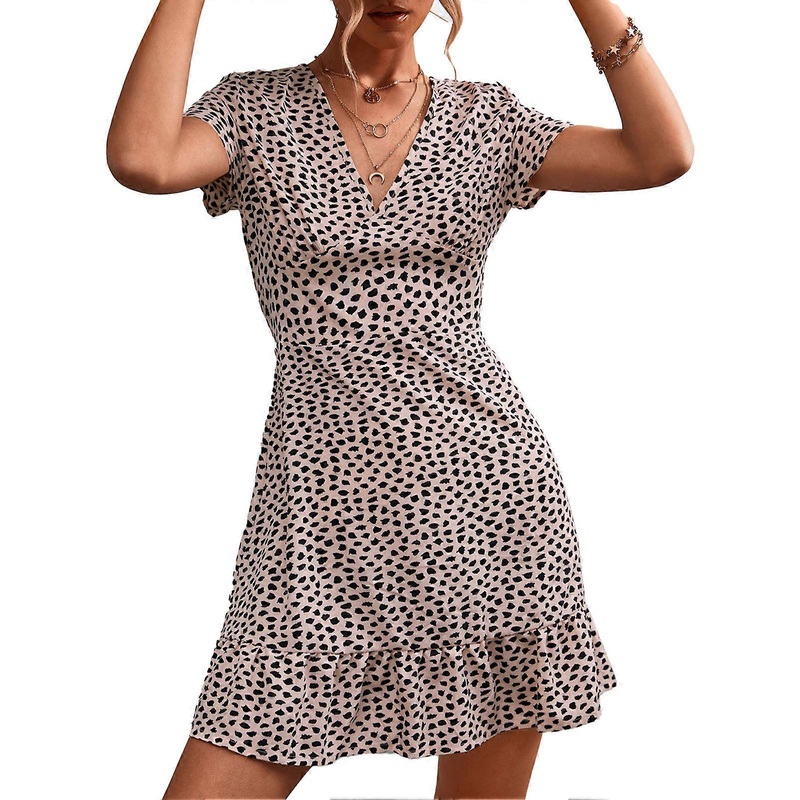Dress Summer V Neck Fashionable Versatile Casual Print Ruffled Flowy Beach Short Dress Apricot Dot S_-sy_-sy | Fruugo SG