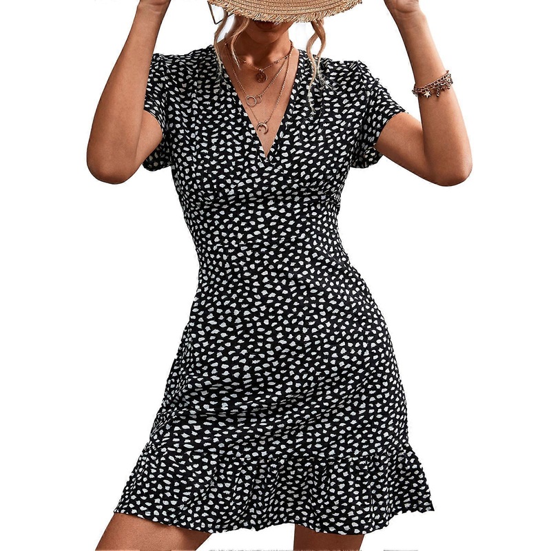 Dress Summer V Neck Fashionable Versatile Casual Print Ruffled Flowy Beach Short Dress Black Dot S_-sy_-sy | Fruugo SG