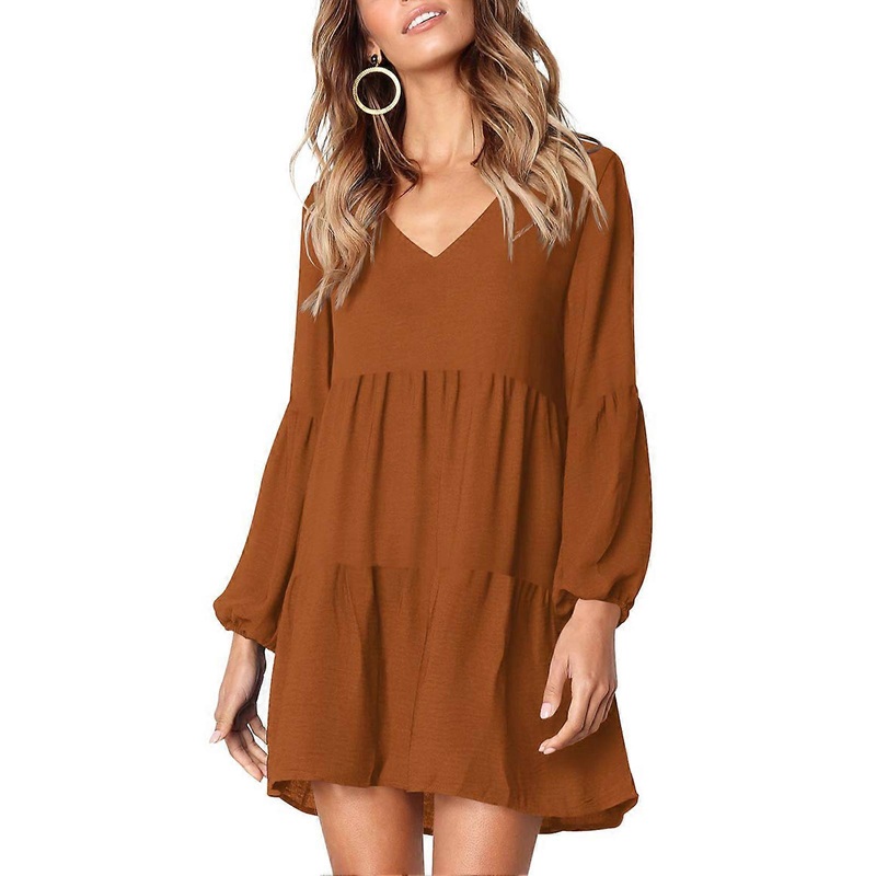 Dress V Neck Long Sleeve Straight Pure Color Layered Casual One Piece Dress for Women Brown M_-sy_-sy | Fruugo SG