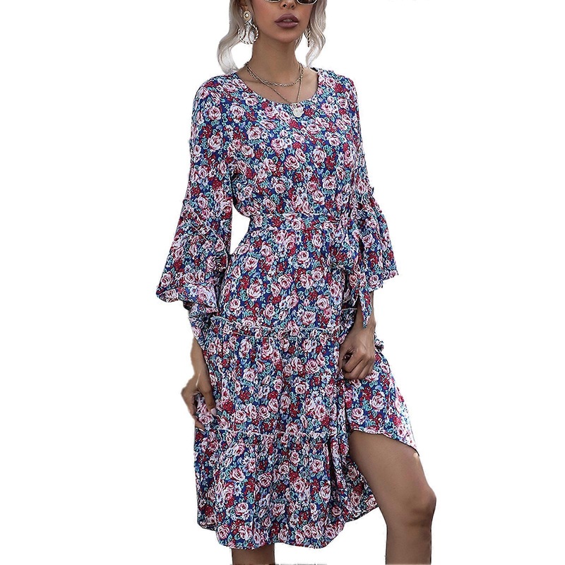 Floral Dress Round Neck Flared Long Sleeves High Tie Waist Casual Dress for Daily Work Beach Autumn Winter Royalblue L_-sy_-sy | Fruugo SG
