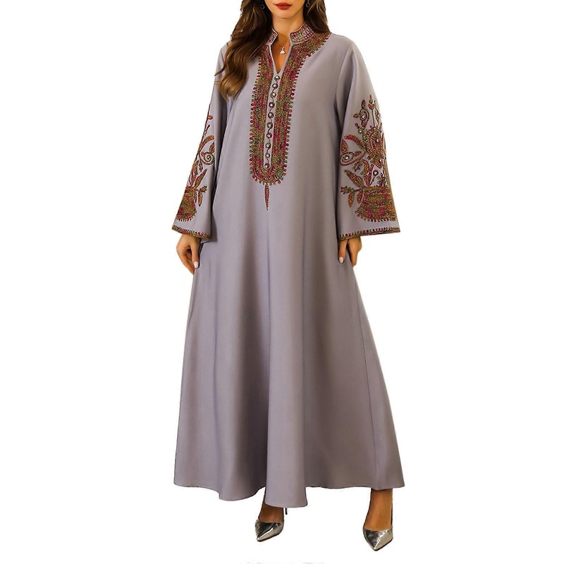 Full Cover Women Islamic Kaftan Dress Embroidered Islamic Dress Full Length Middle Eastern Robe Long Sleeve Islamic Gown  Gray XL | Fruugo SG