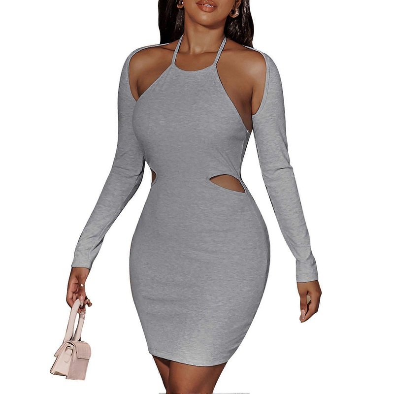Halter Neck Bodycon Dress Pure Color Waist Cutout Open Back Long Sleeves Slim Fit Dress for Dating Shopping Gray M_-sy_-sy | Fruugo SG