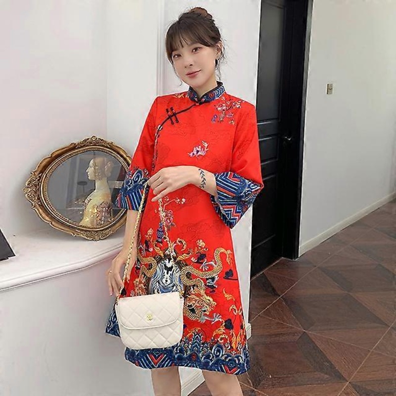 JWL-Ins Red Blue Loose  New Fashion Modern Chinese Cheongsam A-line Dress Women 3/4 Sleeve Qipao Traditional Chinese Clothes | Fruugo SG