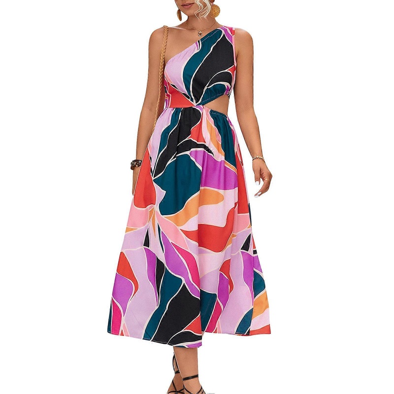 One Shoulder Dresses Fashionable Elegant Printing High Waist Hollow Women Sleeveless Summer Dress for Party Beach Rose Red XL_-sy_-sy | Fruugo SG