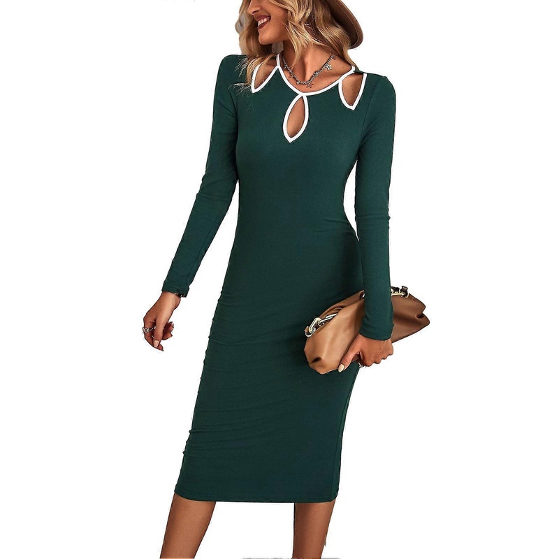 Package Hip Dress Stylish Autumn Winter Knitted Floral Openwork Stretchy Women Long Sleeve Bodycon Dress Dark Green XL_-sy_-sy | Fruugo SG