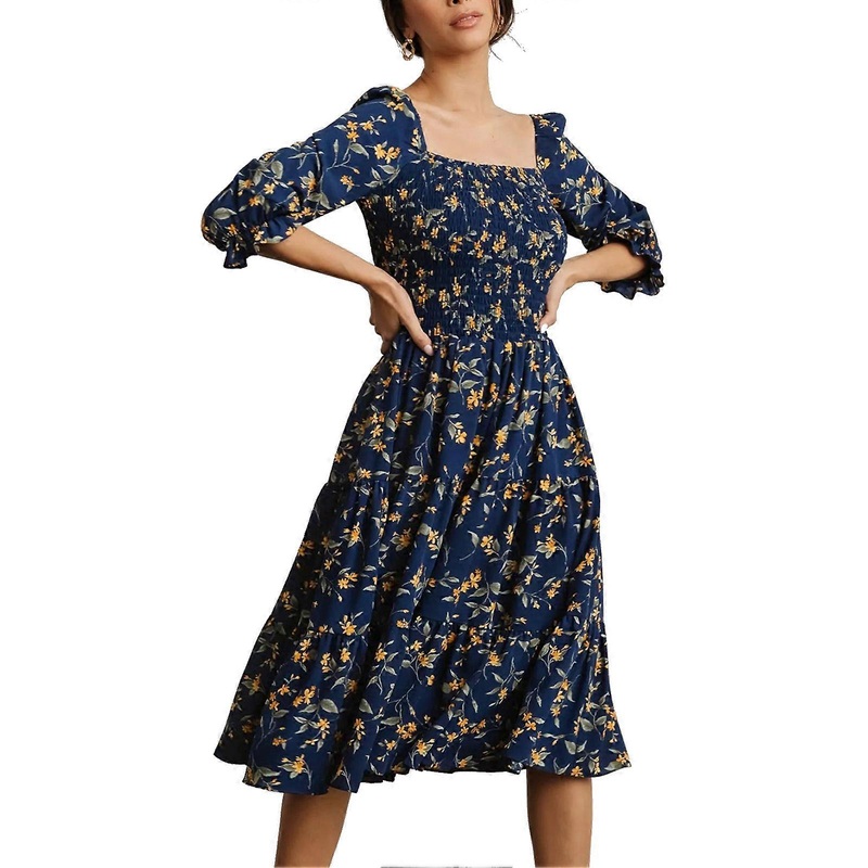 Puff Sleeve Floral Dress Three Quarter Sleeve Shirred Ruffle Flowy A Line Elegant Puff Floral Dress Purplish Blue XL_-sy_-sy | Fruugo SG