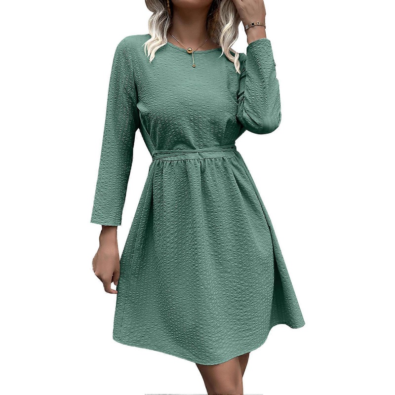 Round Neck Long Sleeve Dress Polyester Fiber High Waist Belted Pure Color Midi Dress for Wedding Green XL_-sy_-sy | Fruugo SG