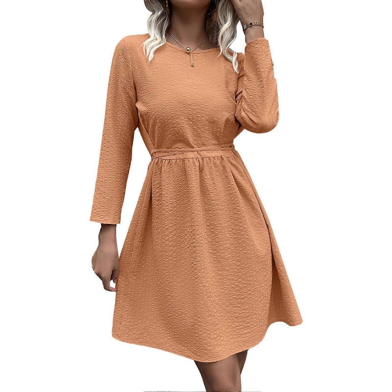 Round Neck Long Sleeve Dress Polyester Fiber High Waist Belted Pure Color Midi Dress for Wedding Orange M_-sy_-sy | Fruugo SG